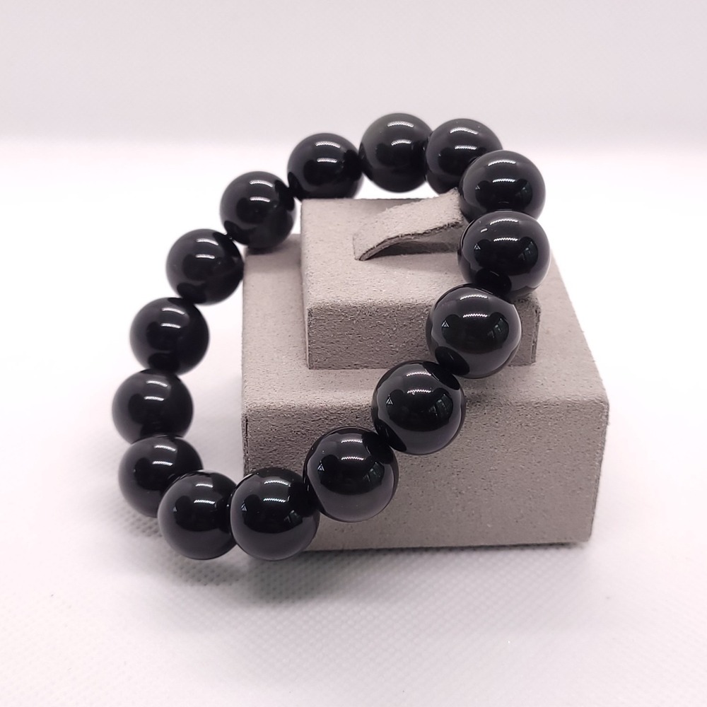 Black Onyx Bead Stretch Bracelet Large Glossy Round Beads Statement Jewelry